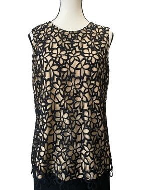 Neiman Marcus Black Floral Lace Overlay Top with Nude Underlayer Size M